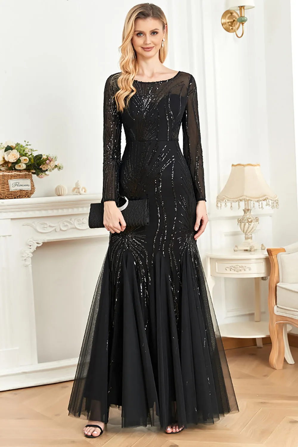 Mermaid Sequins Boat Neck Black Mother of the Bride Dress with Long Sleeves sold by Zapaka product image thumbnail 4