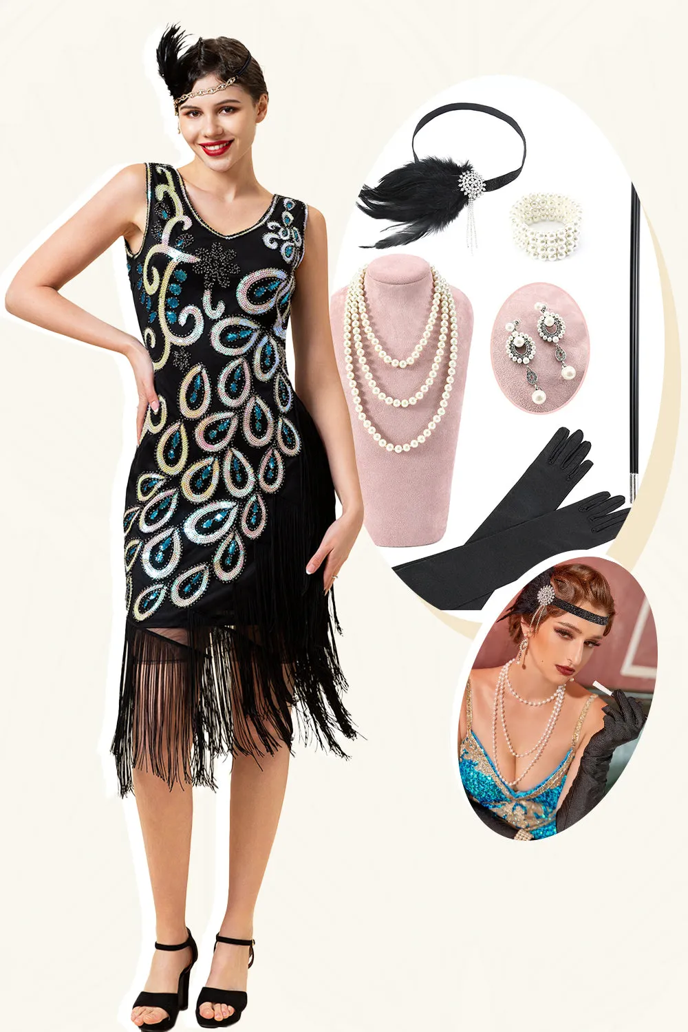 Black and Blue Sequined Fringes 1920s Gatsby Flapper Dress with 20s Accessories Set sold by Zapaka