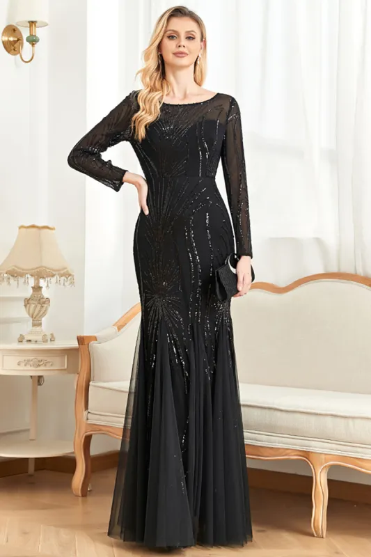 Mermaid Sequins Boat Neck Black Mother of the Bride Dress with Long Sleeves sold by Zapaka