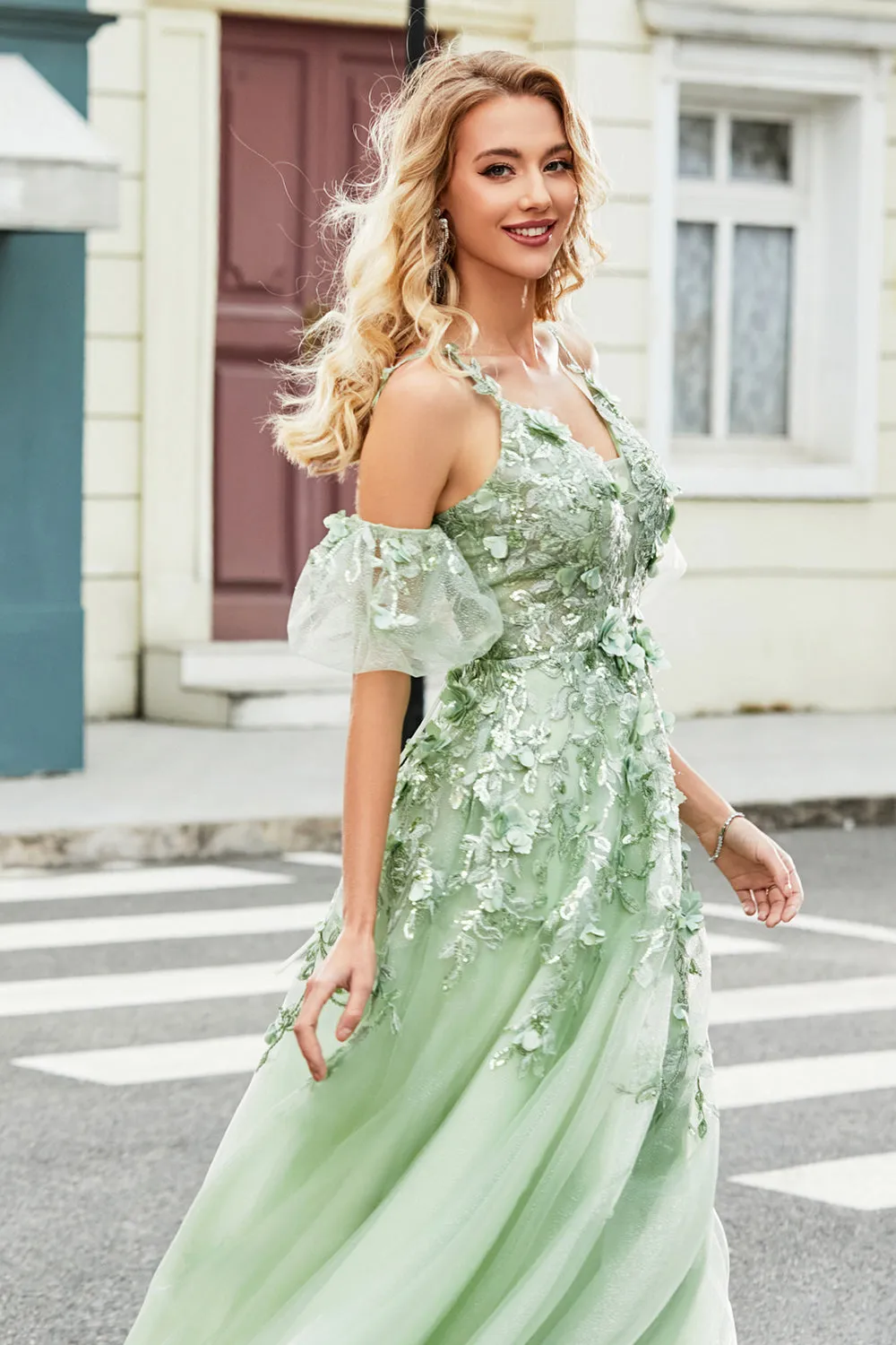 Green Removable Sleeves Tulle Prom Dress with Appliques sold by Zapaka product image thumbnail 5