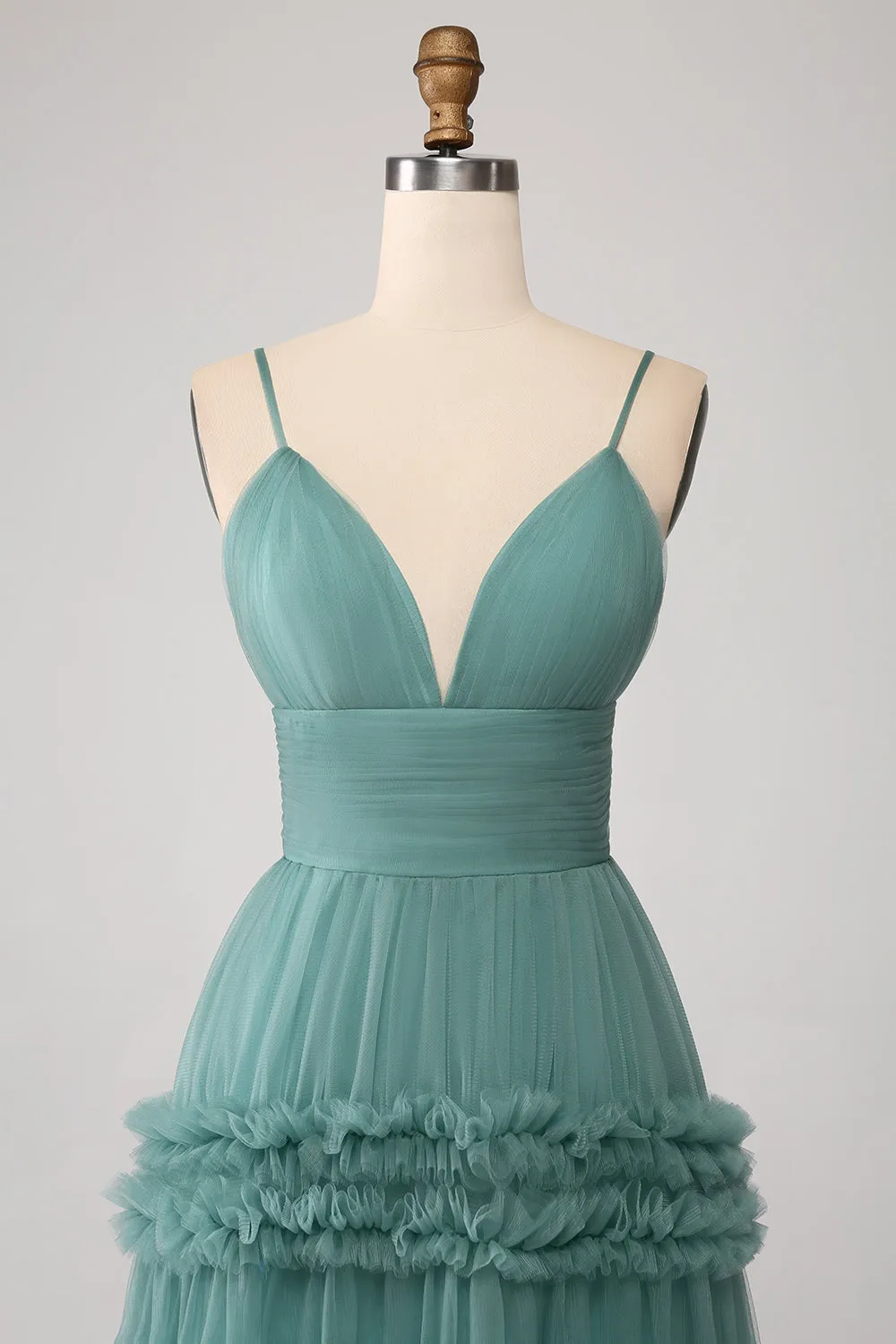 Green A Line Spaghetti Straps Tulle Long Prom Dress with Ruffles sold by Zapaka product image thumbnail 4