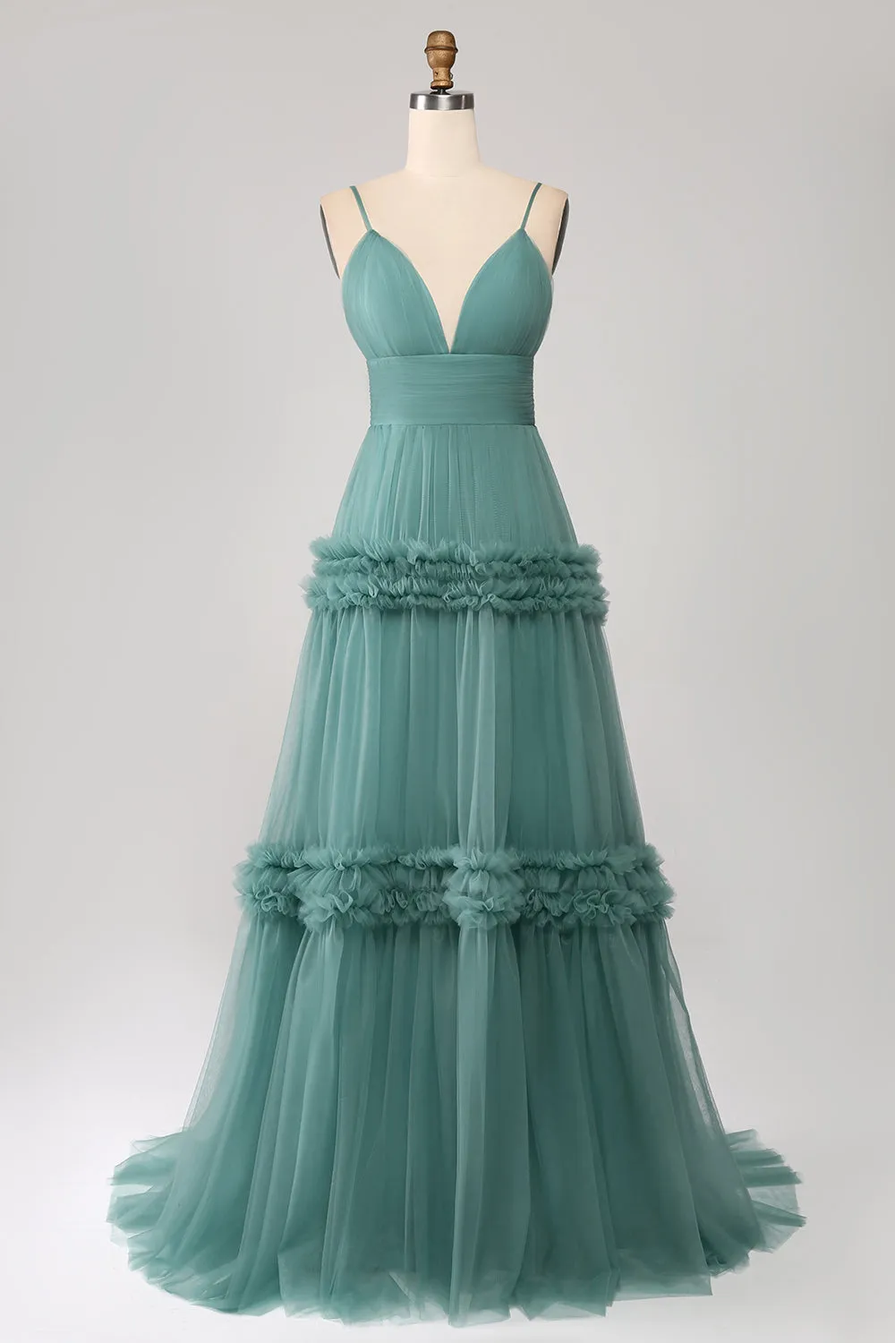 Green A Line Spaghetti Straps Tulle Long Prom Dress with Ruffles sold by Zapaka