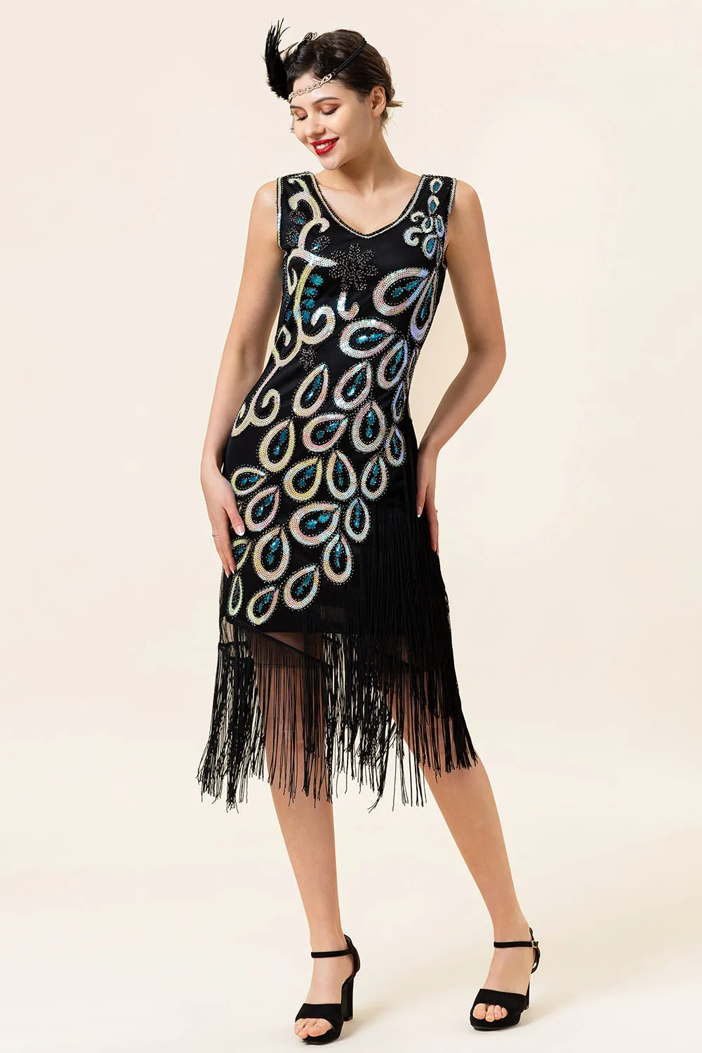 Black and Blue Sequined Fringes 1920s Gatsby Flapper Dress with 20s Accessories Set sold by Zapaka product image thumbnail 2