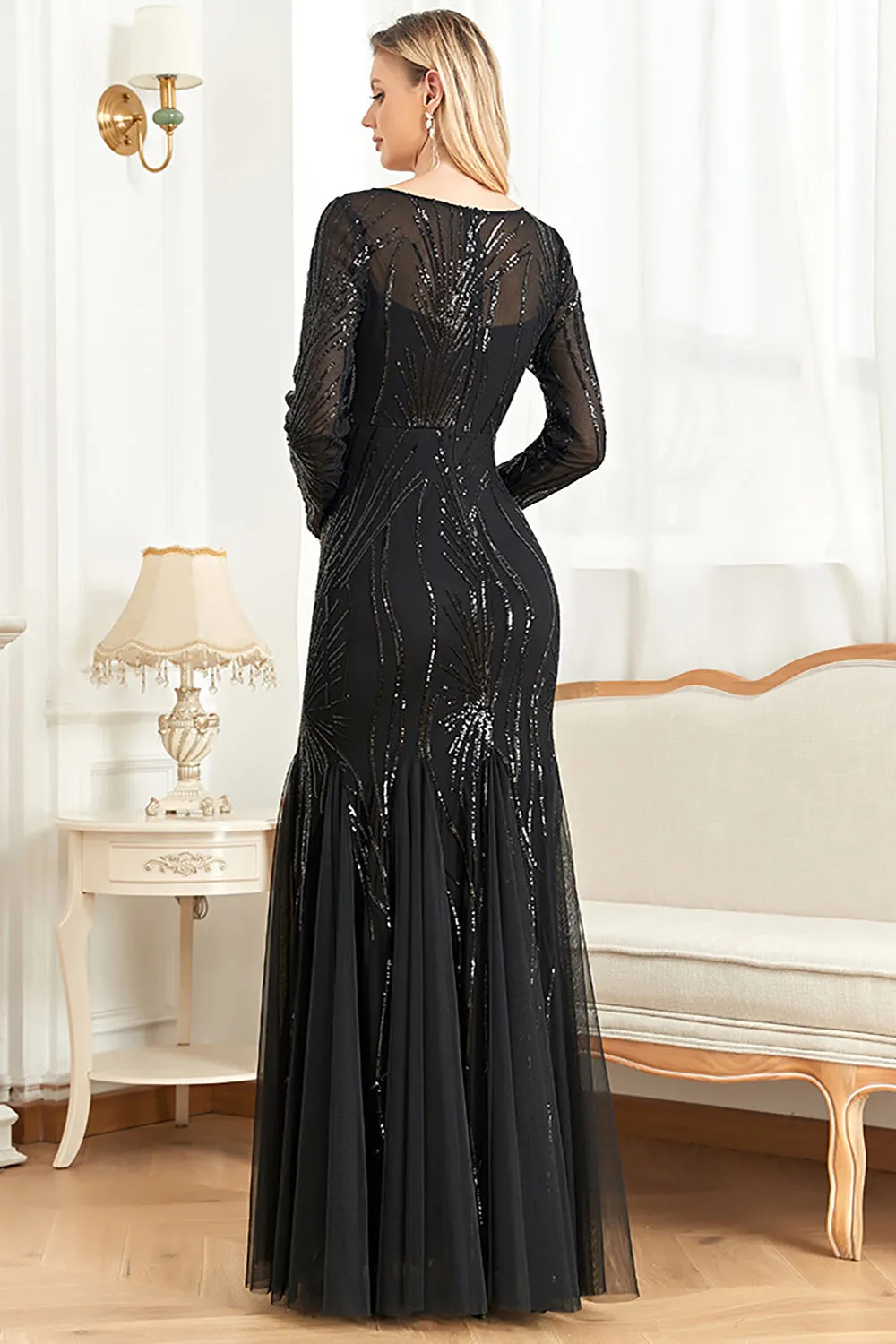 Mermaid Sequins Boat Neck Black Mother of the Bride Dress with Long Sleeves sold by Zapaka product image thumbnail 2