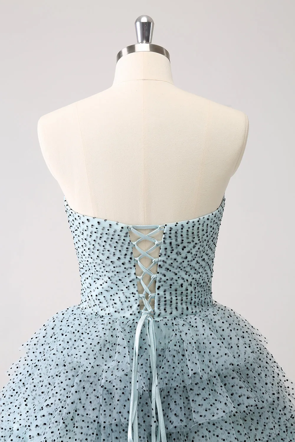 Blue A Line Tiered Dotted Strapless Homecoming Dress with Bows sold by Zapaka product image thumbnail 5