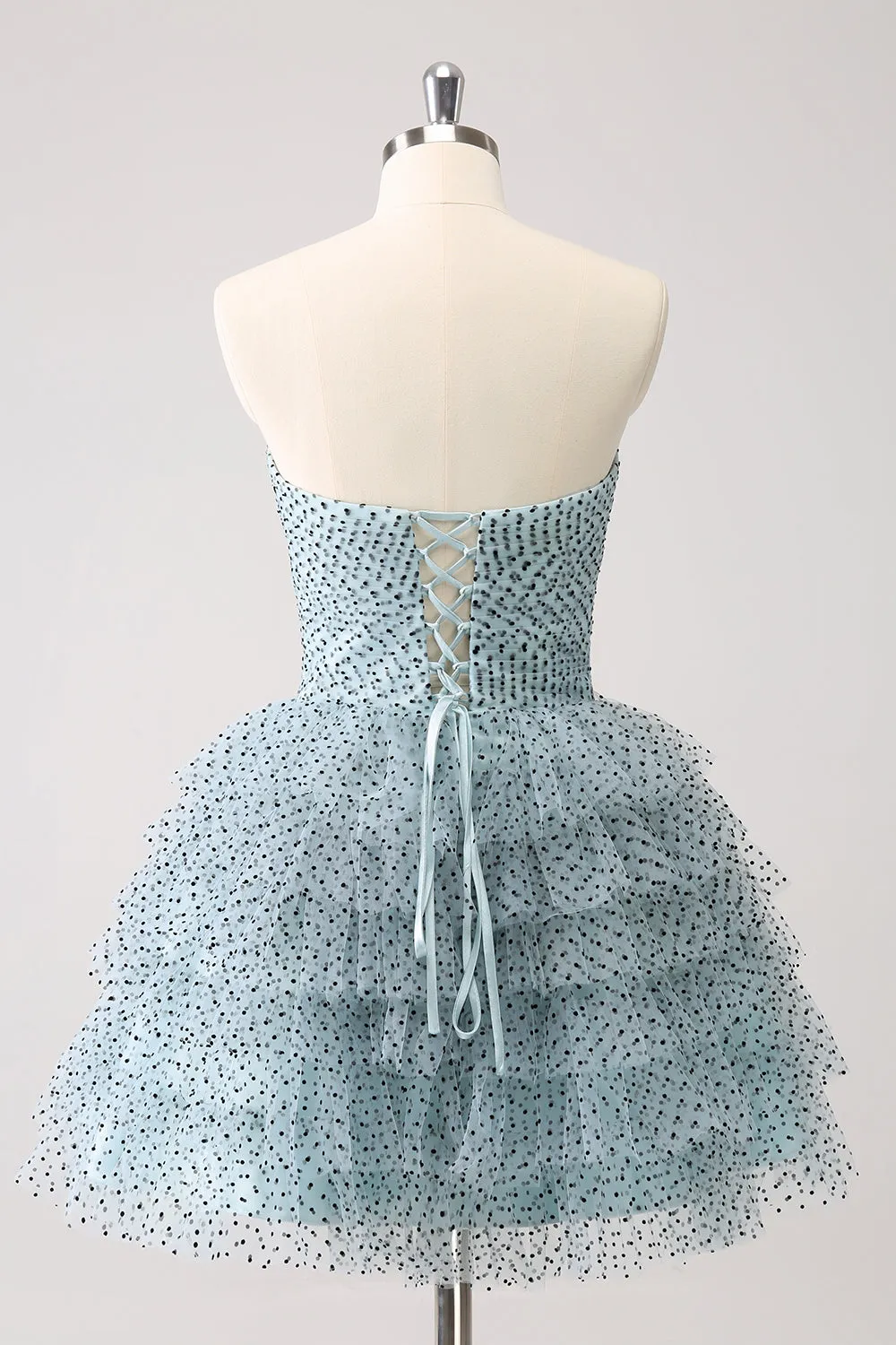 Blue A Line Tiered Dotted Strapless Homecoming Dress with Bows sold by Zapaka product image thumbnail 2