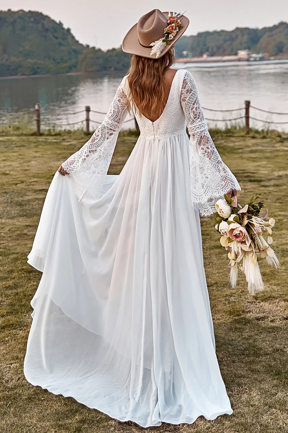Ivory Lace Chiffon Trumpet Sleeve Boho Wedding Dress sold by Zapaka product image thumbnail 2