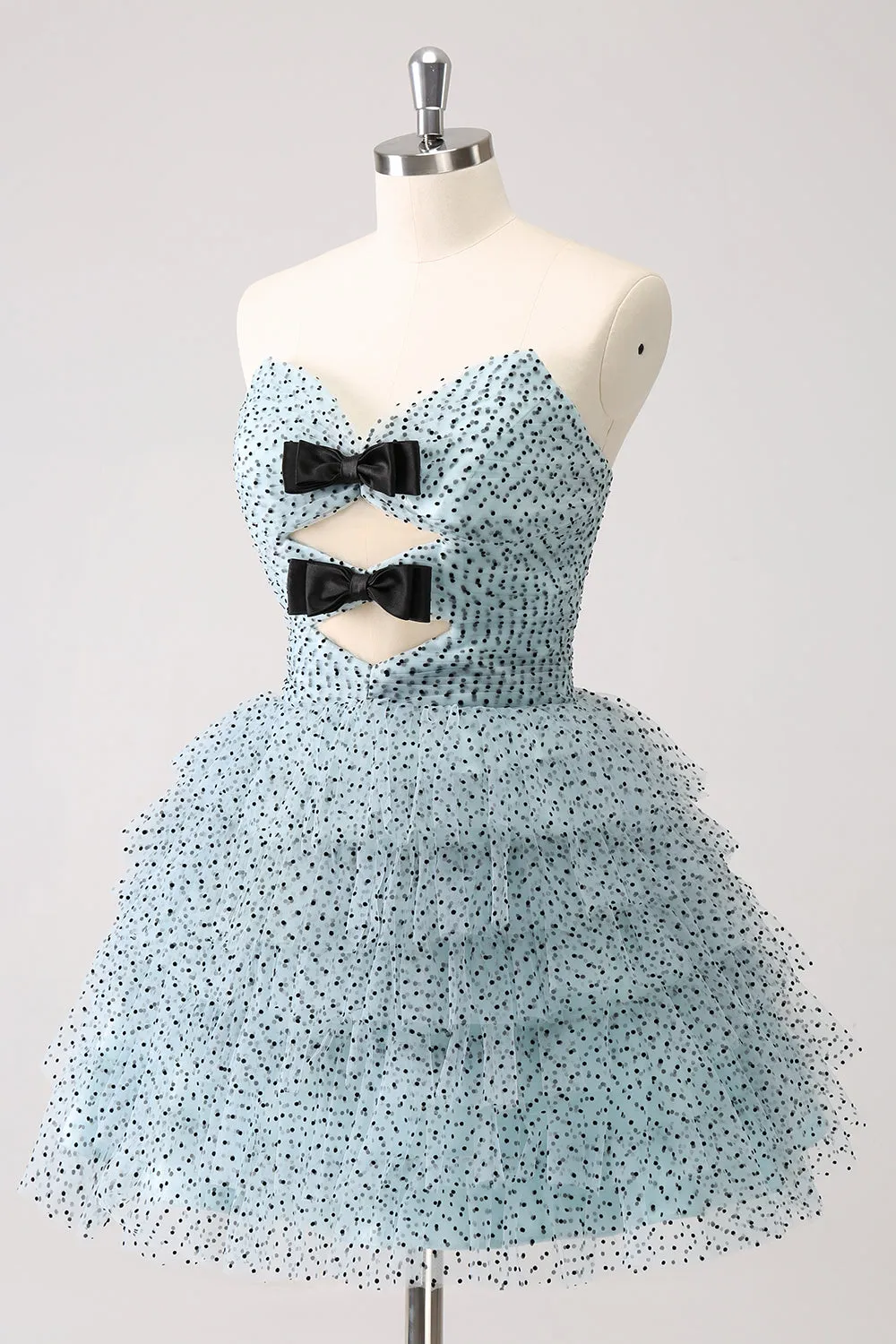 Blue A Line Tiered Dotted Strapless Homecoming Dress with Bows sold by Zapaka product image thumbnail 3