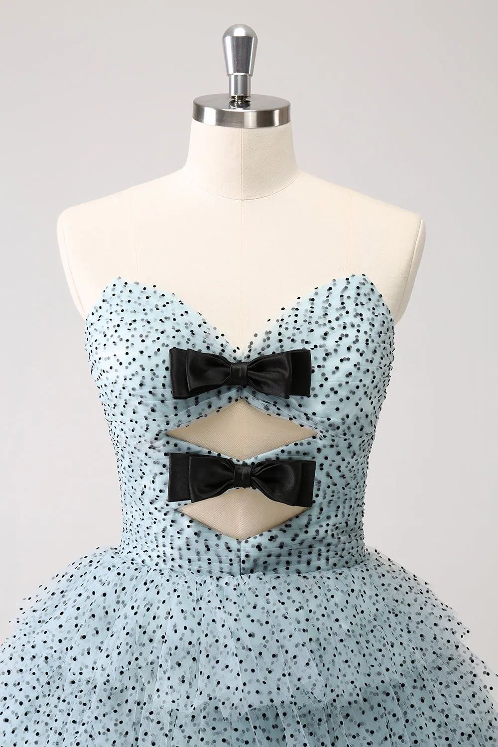 Blue A Line Tiered Dotted Strapless Homecoming Dress with Bows sold by Zapaka product image thumbnail 4