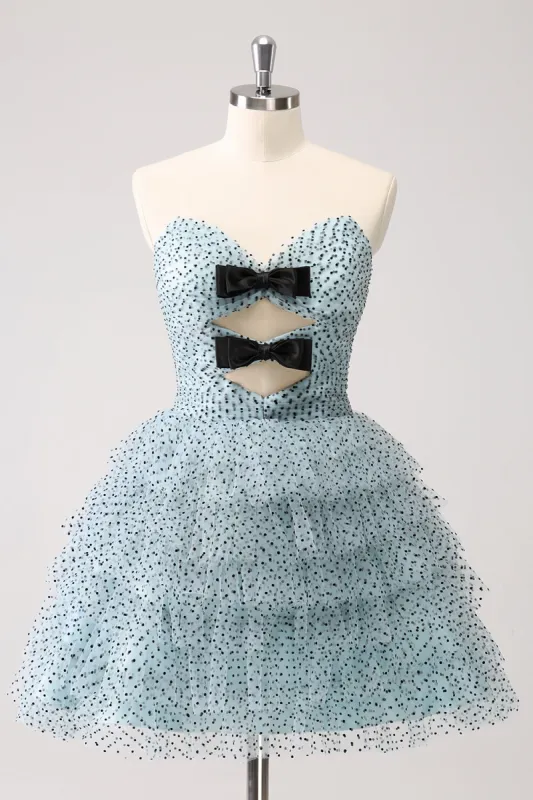 Blue A Line Tiered Dotted Strapless Homecoming Dress with Bows made by Zapaka