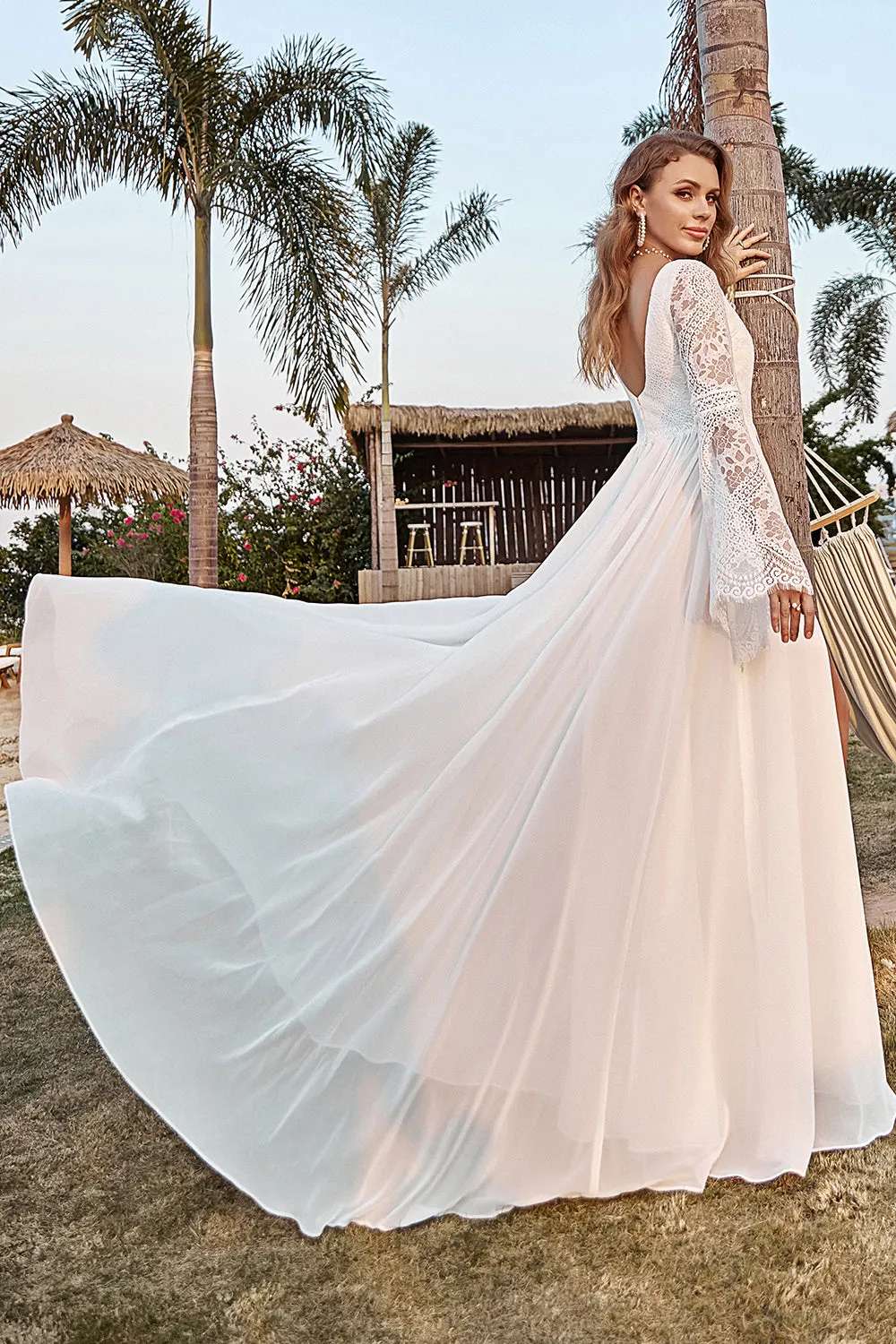 Ivory Lace Chiffon Trumpet Sleeve Boho Wedding Dress sold by Zapaka product image thumbnail 4