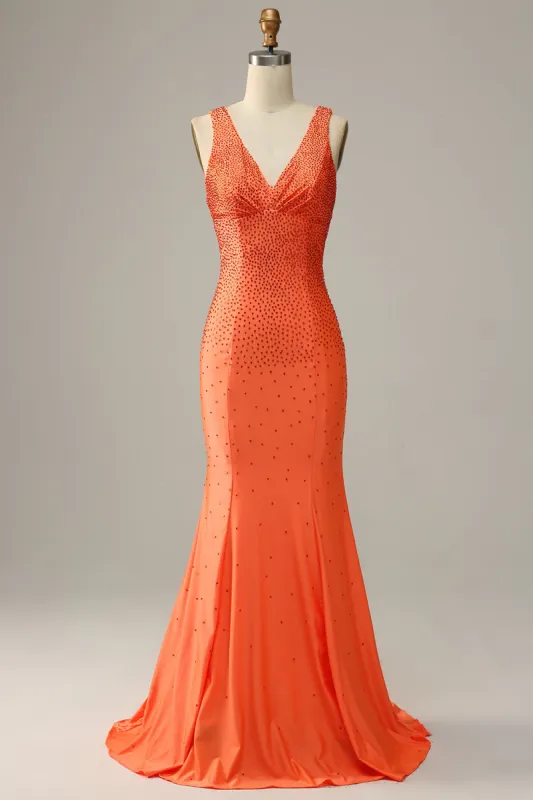 Mermaid V Neck Orange Long Prom Dress with Beading made by Zapaka
