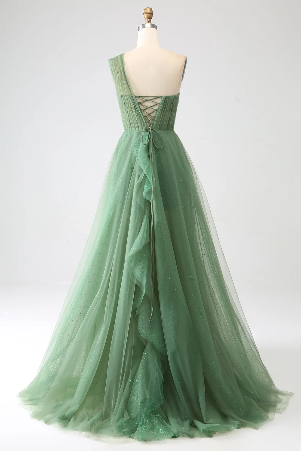Dark Green Tulle A-Line One-Shoulder Long Prom Dress sold by Zapaka product image thumbnail 2