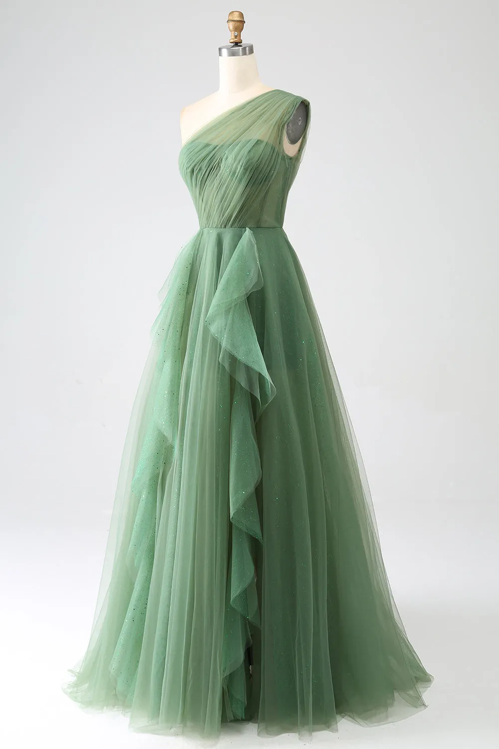 Dark Green Tulle A-Line One-Shoulder Long Prom Dress sold by Zapaka product image thumbnail 3