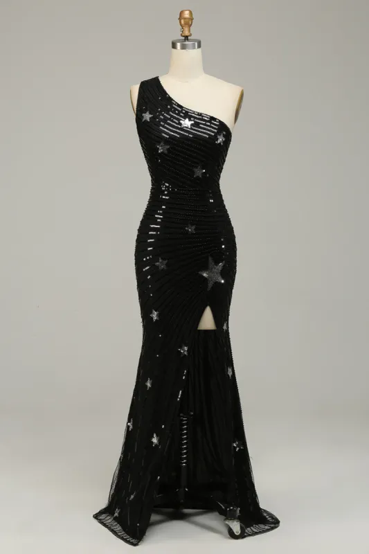 Sequins Mermaid One Shoulder Black Long Prom Dress with Star sold by Zapaka