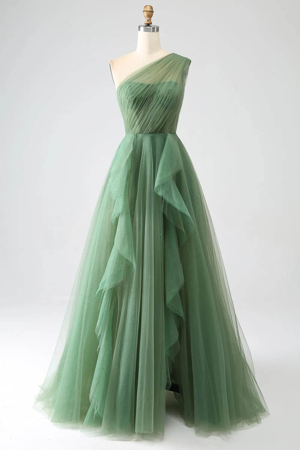 Dark Green Tulle A-Line One-Shoulder Long Prom Dress sold by Zapaka