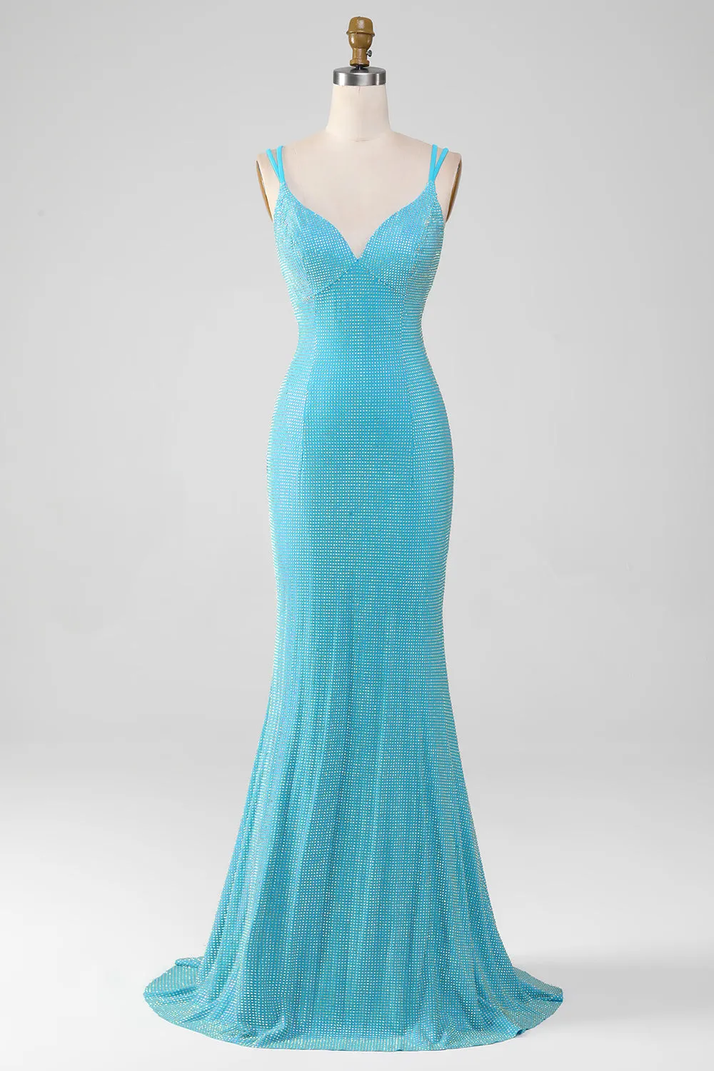 Sparkly Turquoise Mermaid Spaghetti Straps Long Prom Dress With Beading sold by Zapaka