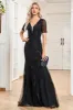 Sparkly Black Mermaid Short Sleeves V-Neck Prom Dress sold by Zapaka