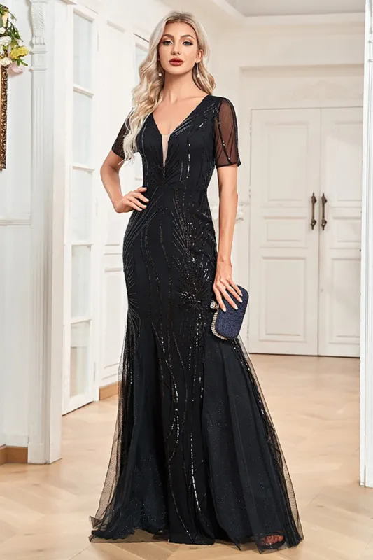 Sparkly Black Mermaid Short Sleeves V-Neck Prom Dress sold by Zapaka