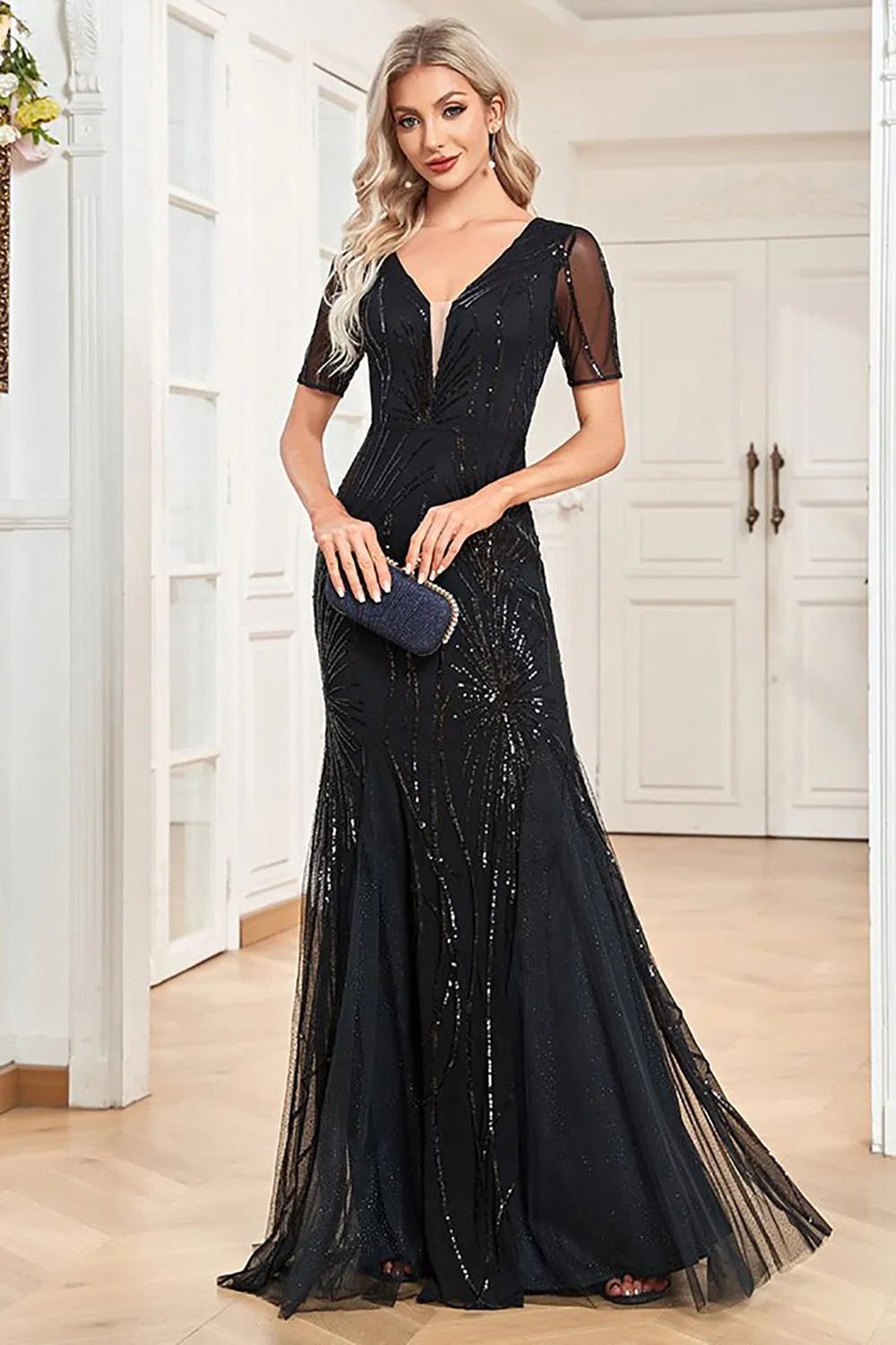 Sparkly Black Mermaid Short Sleeves V-Neck Prom Dress sold by Zapaka product image thumbnail 5