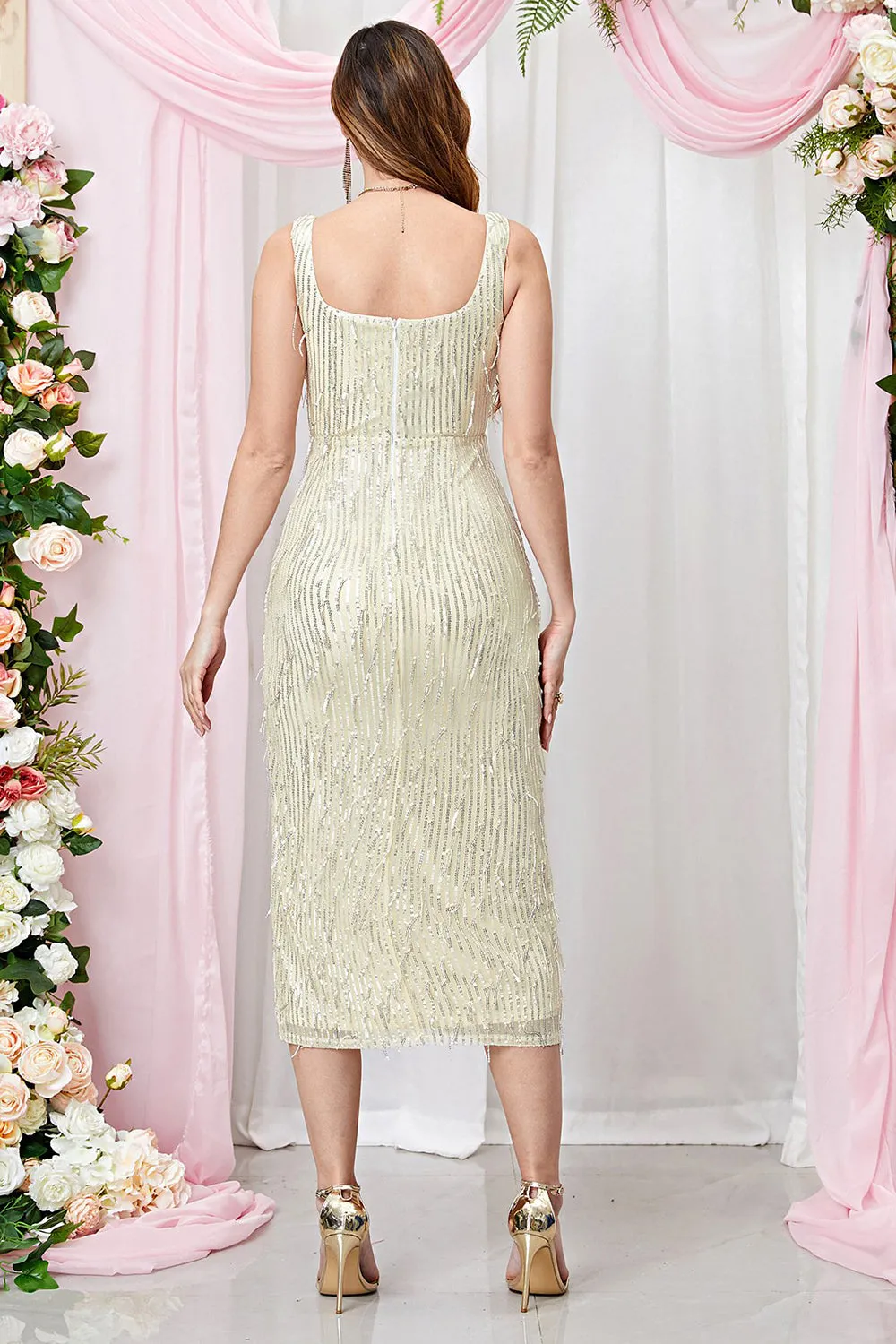 Sequined Apricot Sheath Sleeveless Party Dress With Slit sold by Zapaka product image thumbnail 2