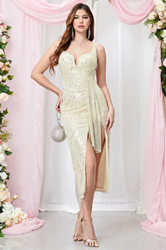 Sequined Apricot Sheath Sleeveless Party Dress With Slit sold by Zapaka