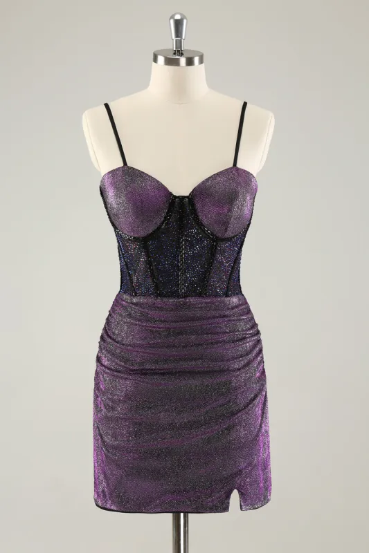 Dark Purple Spaghetti Straps Corset Glitter Short Homecoming Dresses sold by Zapaka