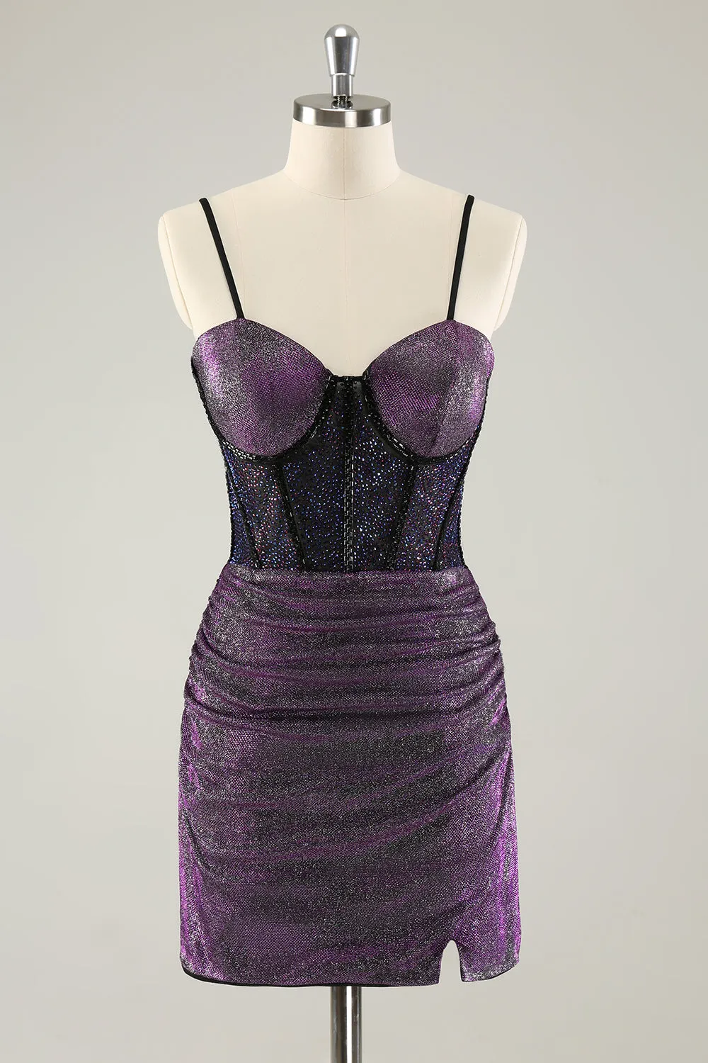 Dark Purple Spaghetti Straps Corset Glitter Short Homecoming Dresses sold by Zapaka