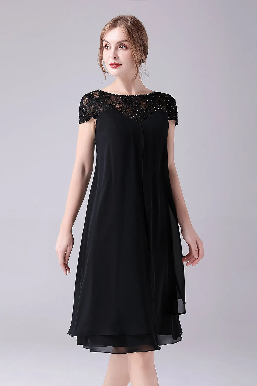 Black A-line Cap Sleeves Knee Length Mother of the Bride Dress sold by Zapaka product image thumbnail 3