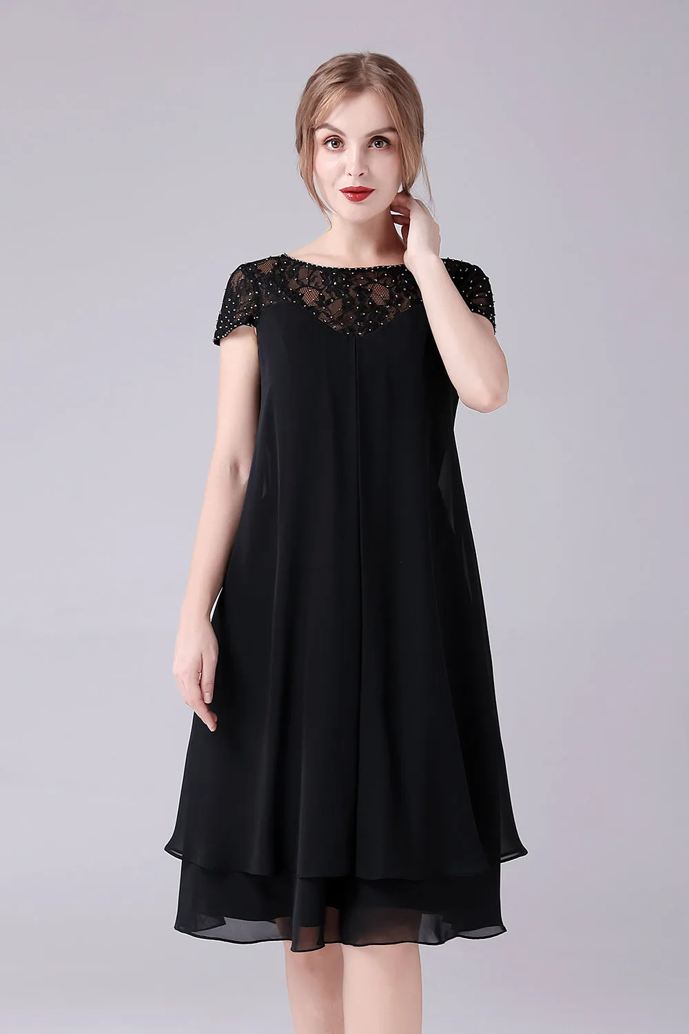 Black A-line Cap Sleeves Knee Length Mother of the Bride Dress sold by Zapaka product image thumbnail 4