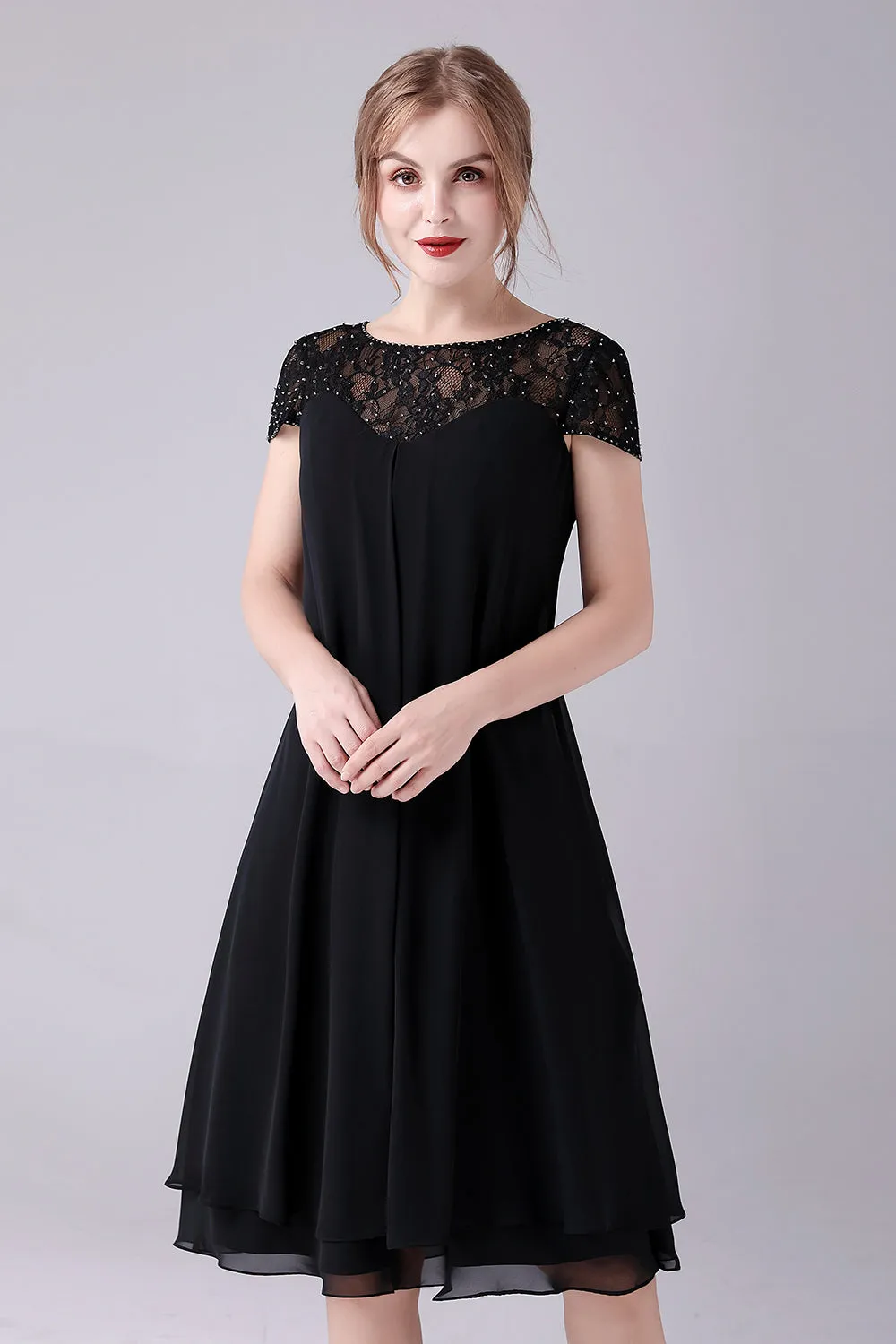 Black A-line Cap Sleeves Knee Length Mother of the Bride Dress sold by Zapaka