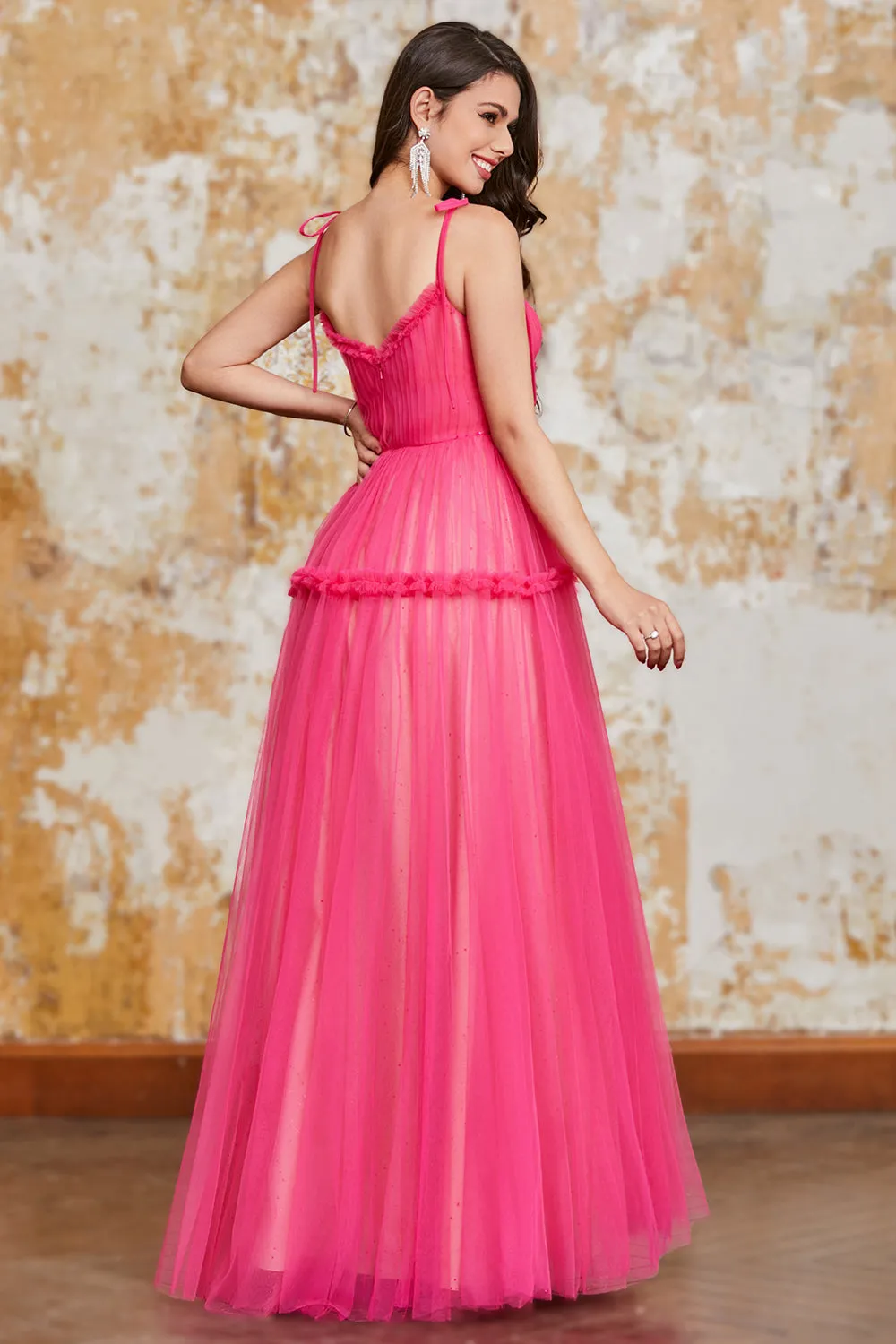 Princess A Line Spaghetti Straps Fuchsia Long Prom Dress with Ruffles sold by Zapaka product image thumbnail 2