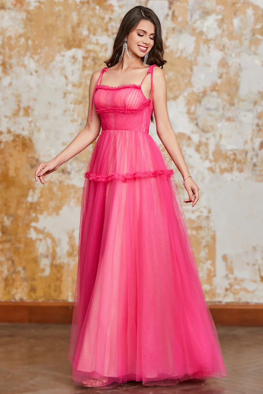 Princess A Line Spaghetti Straps Fuchsia Long Prom Dress with Ruffles sold by Zapaka product image thumbnail 4