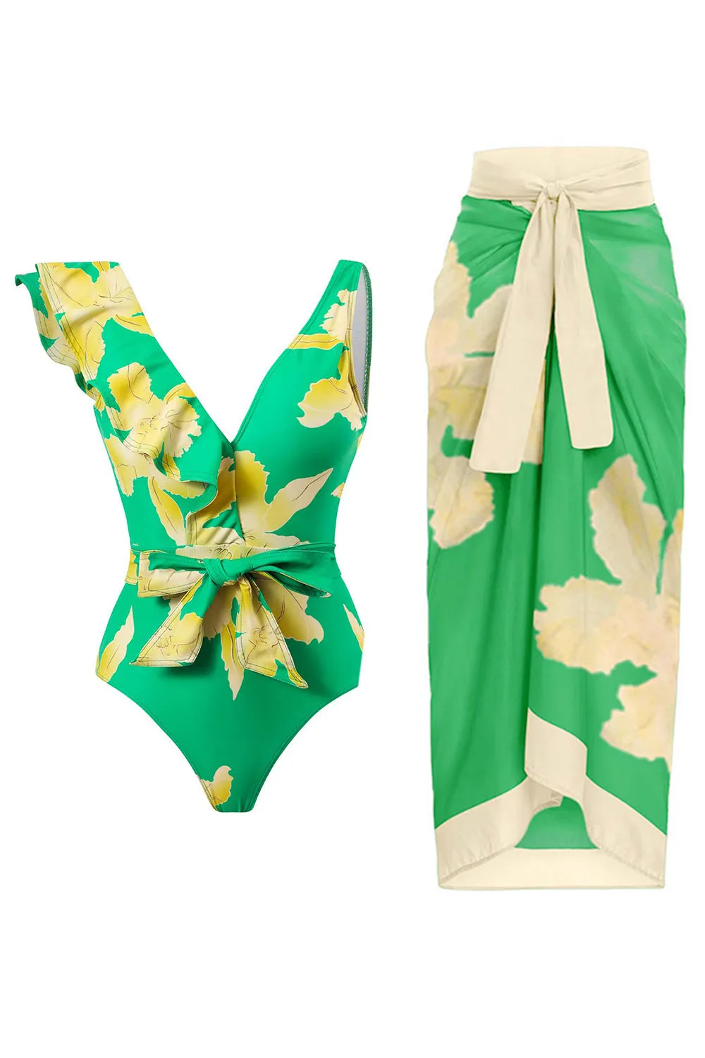 Two Piece Printed Green Bikini Set with Beach Skirt sold by Zapaka