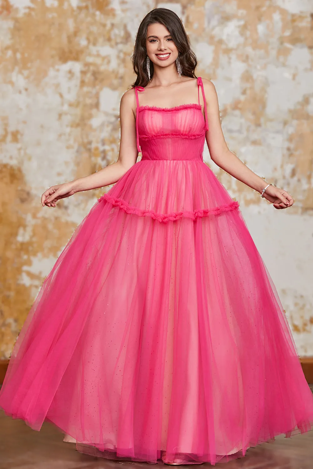 Princess A Line Spaghetti Straps Fuchsia Long Prom Dress with Ruffles sold by Zapaka