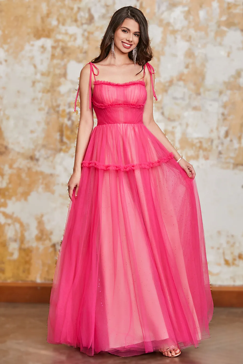 Princess A Line Spaghetti Straps Fuchsia Long Prom Dress with Ruffles sold by Zapaka product image thumbnail 3