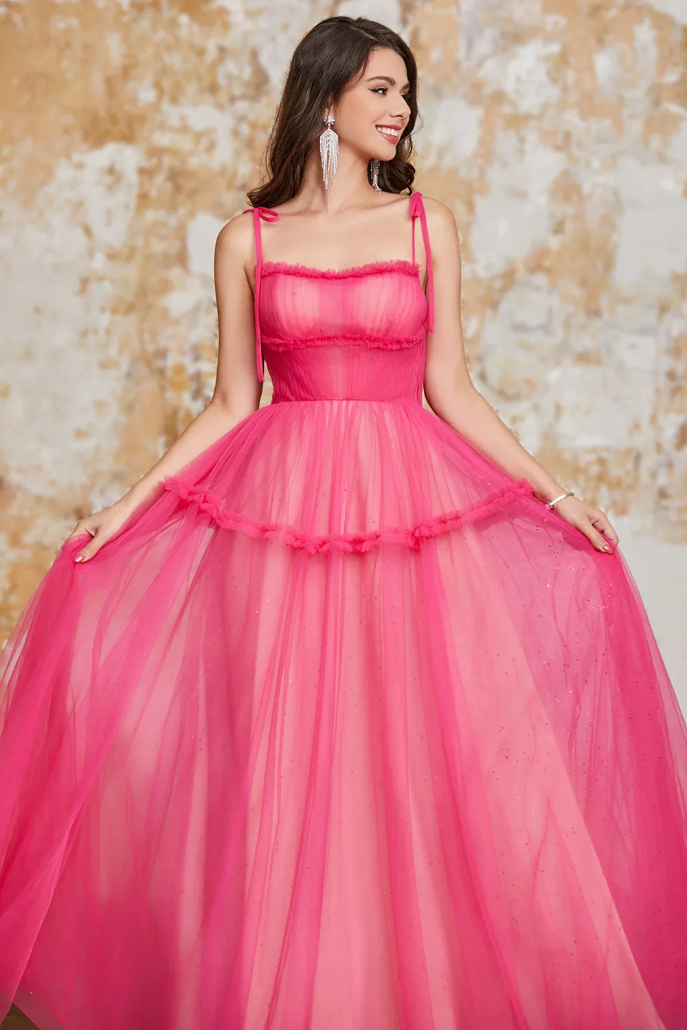 Princess A Line Spaghetti Straps Fuchsia Long Prom Dress with Ruffles sold by Zapaka product image thumbnail 5