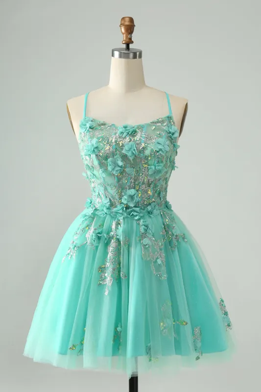 Green A Line Sequins Corset Short Tulle Homecoming Dress with Appliques sold by Zapaka