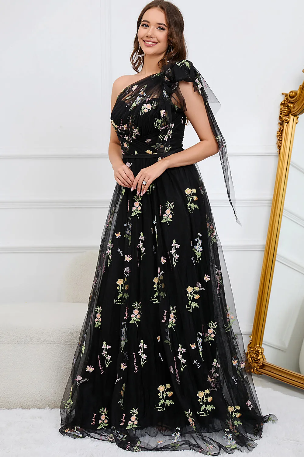 A-Line One Shoulder Black Floor Length Prom Dress With Embroidery sold by Zapaka product image thumbnail 4