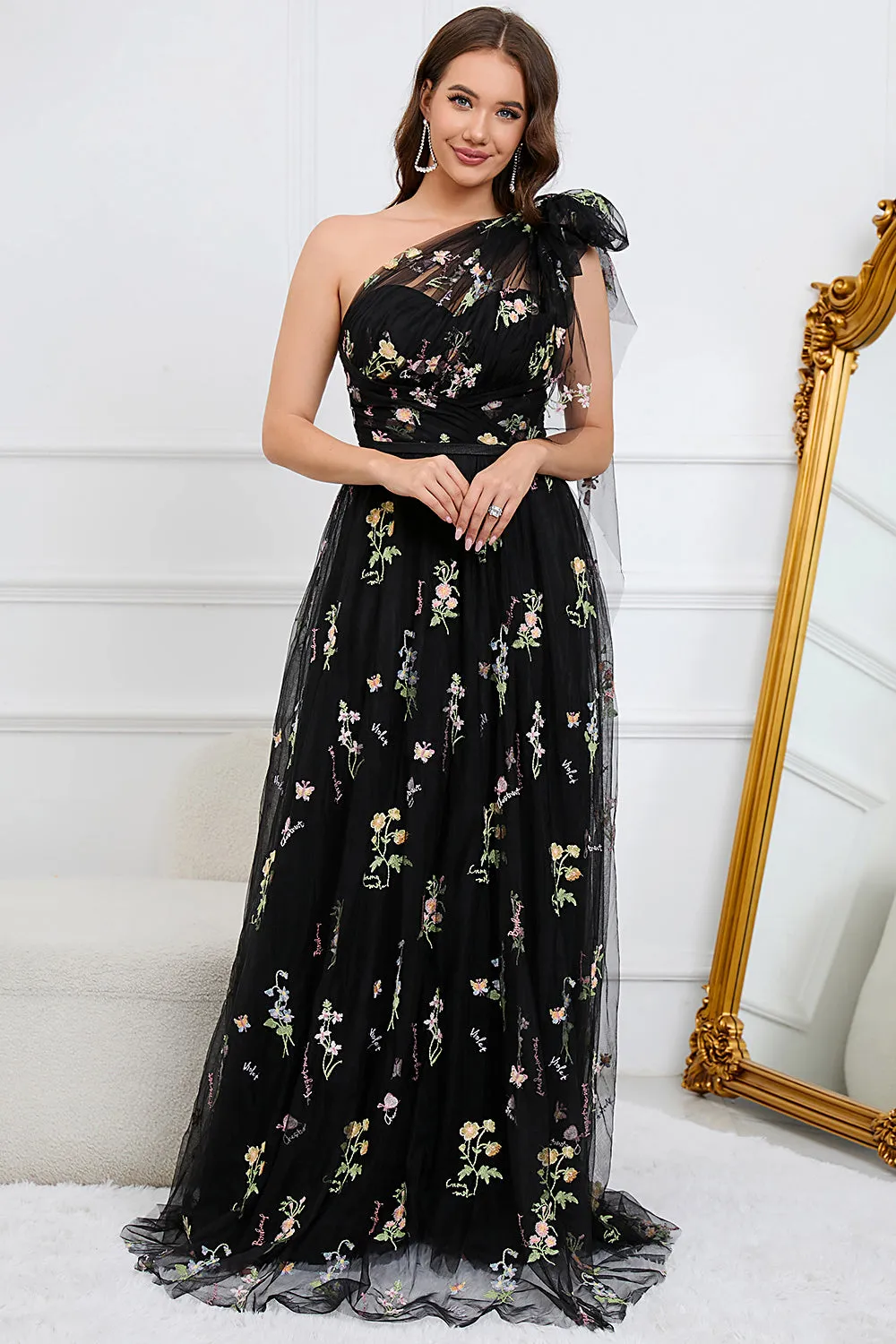 A-Line One Shoulder Black Floor Length Prom Dress With Embroidery sold by Zapaka product image thumbnail 3