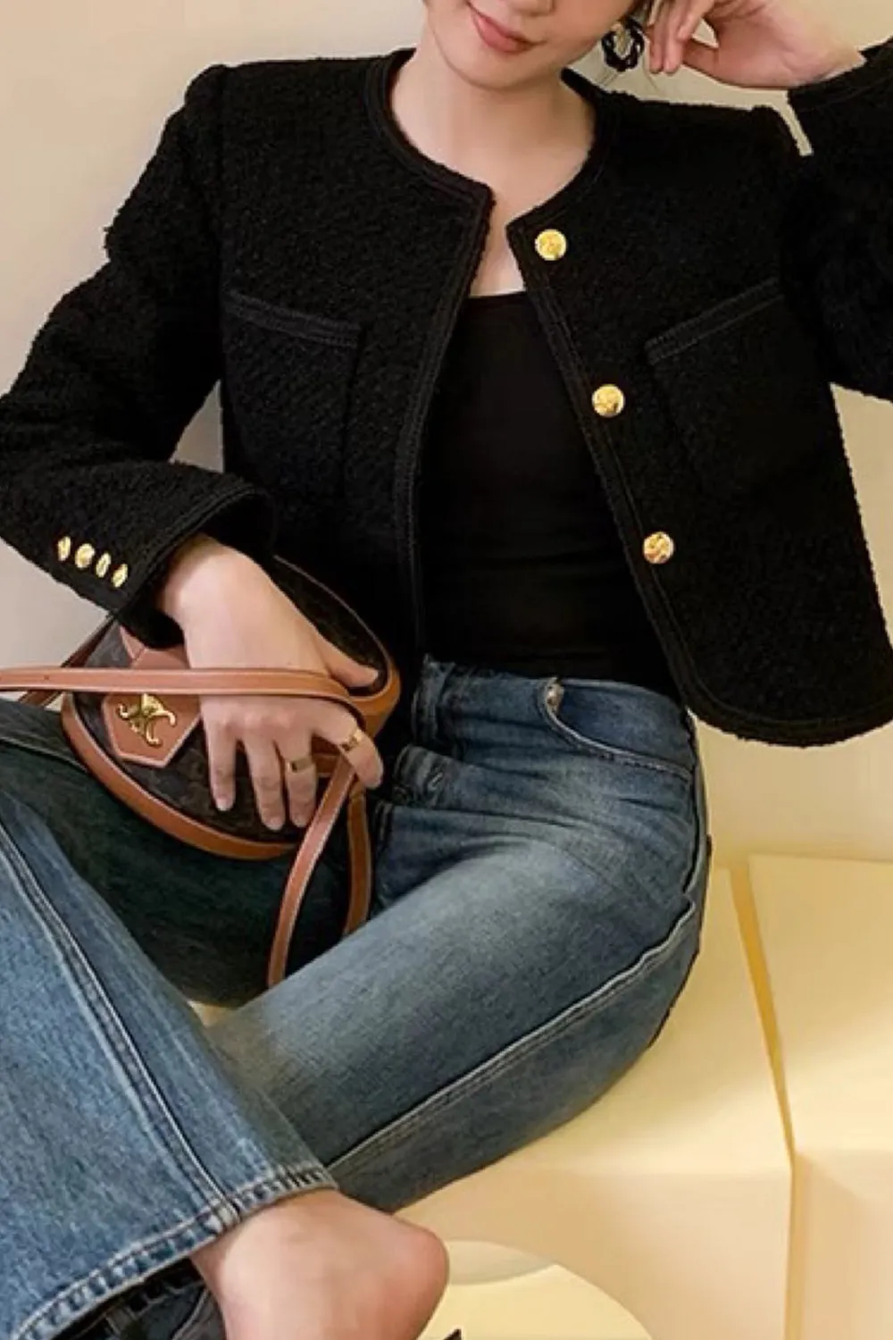 Black Tweed Shawl Lapel Cropped Women Coat sold by Zapaka product image thumbnail 2