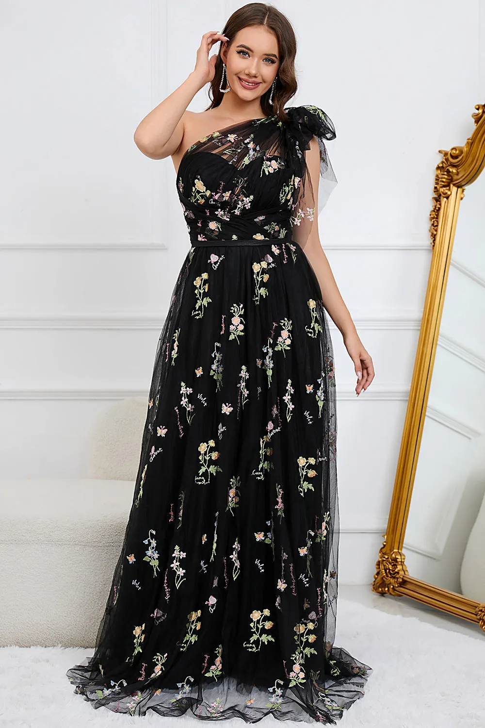 A-Line One Shoulder Black Floor Length Prom Dress With Embroidery sold by Zapaka product image thumbnail 5