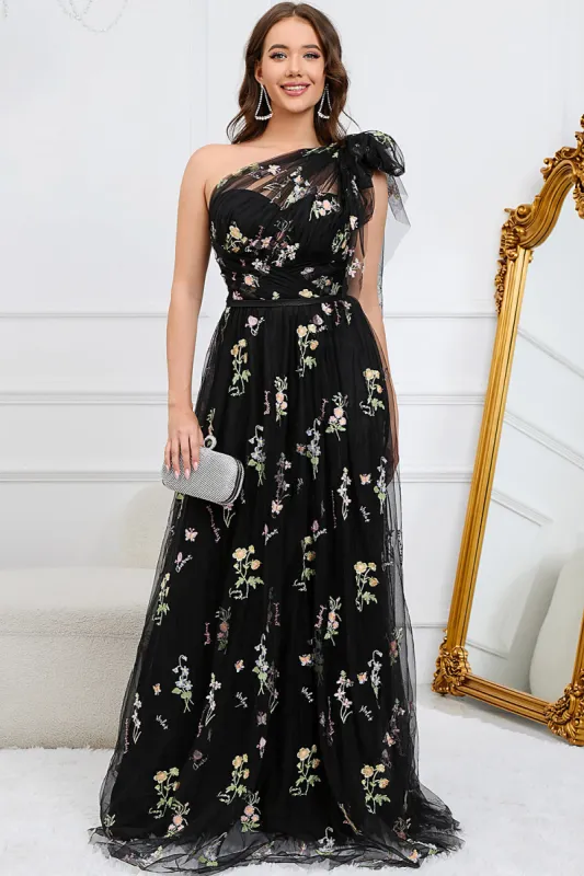 A-Line One Shoulder Black Floor Length Prom Dress With Embroidery sold by Zapaka