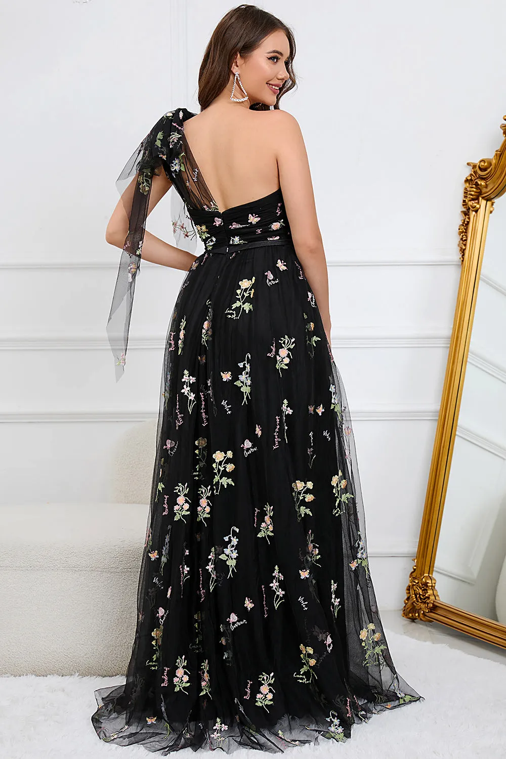 A-Line One Shoulder Black Floor Length Prom Dress With Embroidery sold by Zapaka product image thumbnail 2
