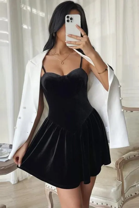 Black A Line Spaghetti Straps Short Cocktail Dress sold by Zapaka