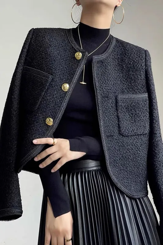 Black Tweed Shawl Lapel Cropped Women Coat sold by Zapaka