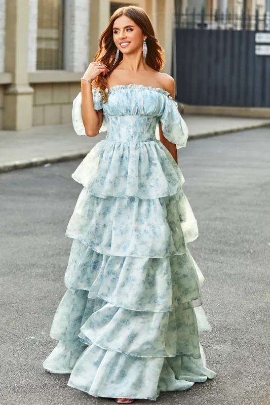 A Line Square Neck Light Blue Tiered Floral Long Prom Dress with Ruffles sold by Zapaka