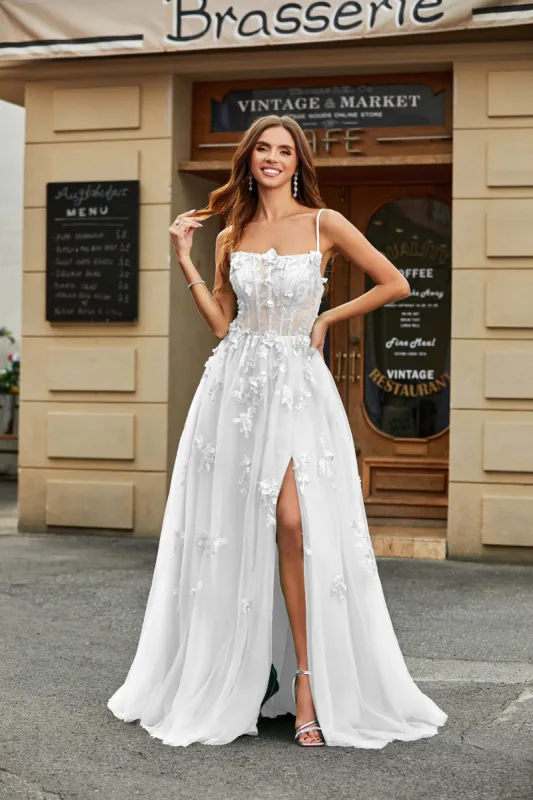 White A-Line Tulle Wedding Dress with Appliques sold by Zapaka