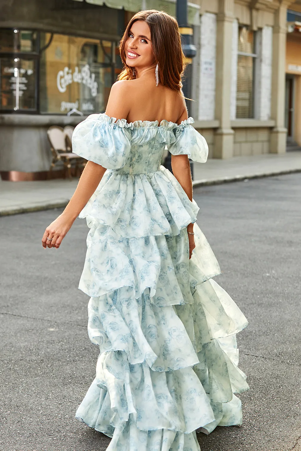 A Line Square Neck Light Blue Tiered Floral Long Prom Dress with Ruffles sold by Zapaka product image thumbnail 2