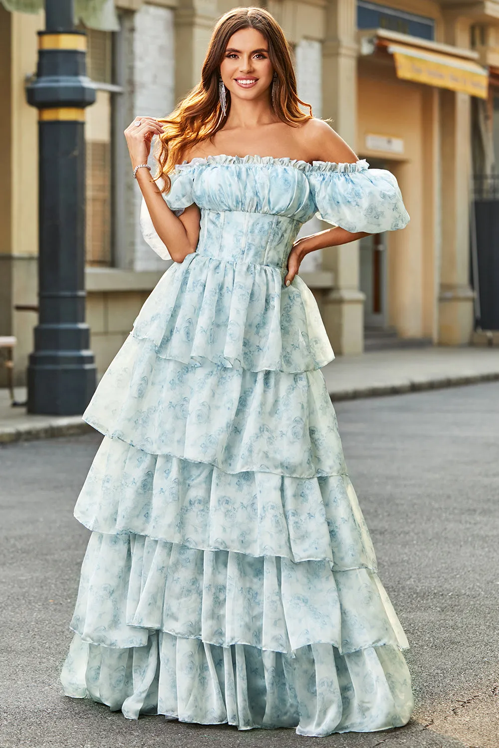 A Line Square Neck Light Blue Tiered Floral Long Prom Dress with Ruffles sold by Zapaka product image thumbnail 5